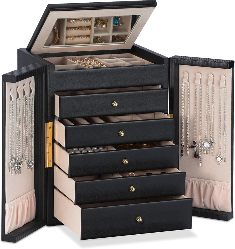 Dajasan Large Jewelry Organizer Box with 5 Drawers, Jewelry Box for Women, 6-Tier Jewelry Storage Organizer with Mirror for Necklace Ring Bracelet Watch, Gift Idea (Black) - Image 1